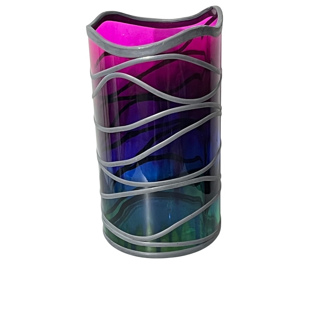 Vintage Art Glass Vase  Multicolor Hand Painted Ombre Upcycled Scotland 10"‎